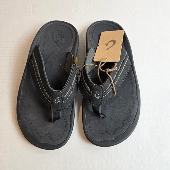 Olukai Hokua Mens Size 9 Sandals Leather Beach Flip Flops Black Dark Shadow - Picture 1 of 4